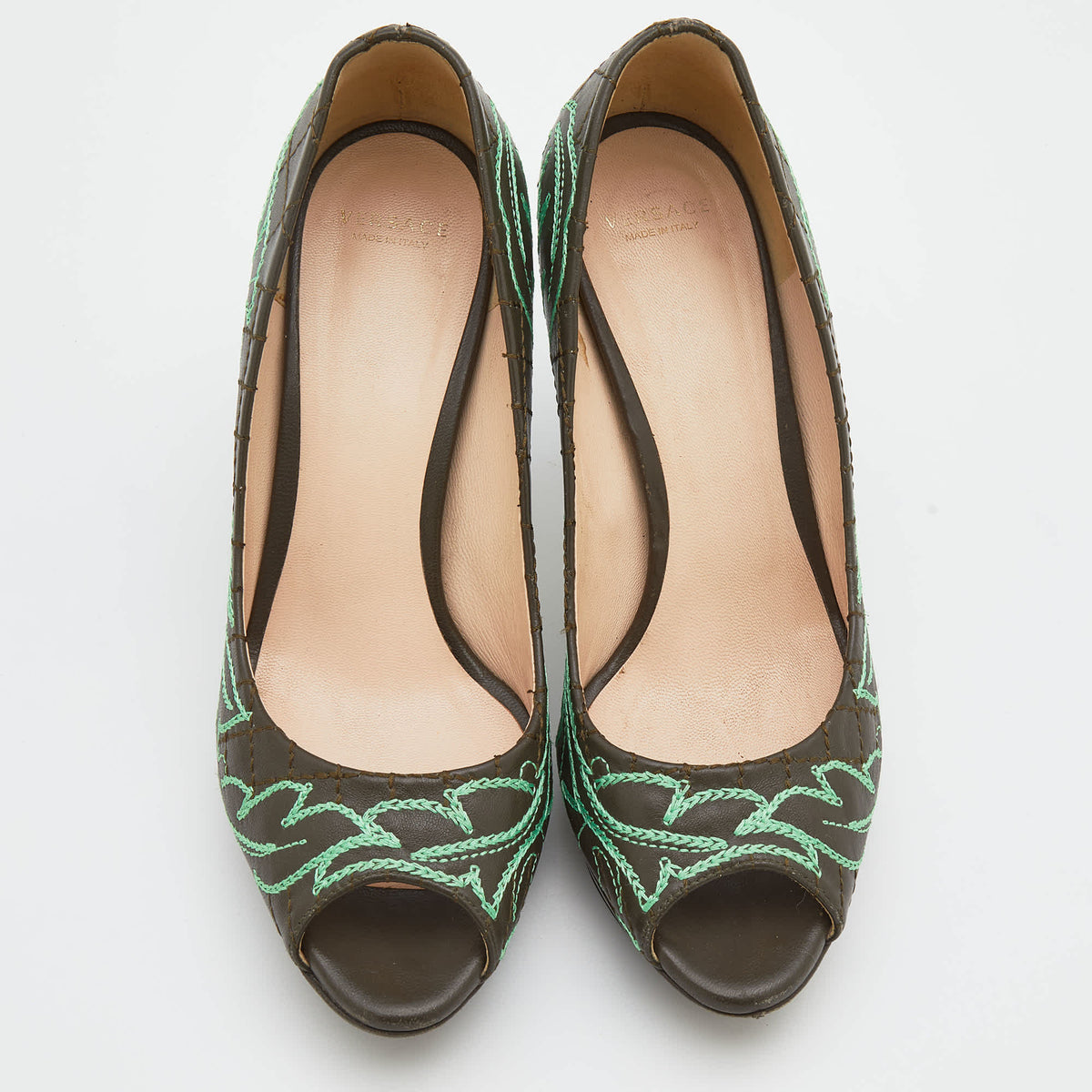 Versace Olive Brown Embroidered Leather Peep Toe Platform Pumps