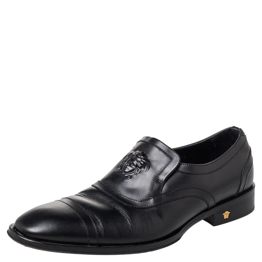 Versace Black Leather Medusa Embellished Slip On Oxford