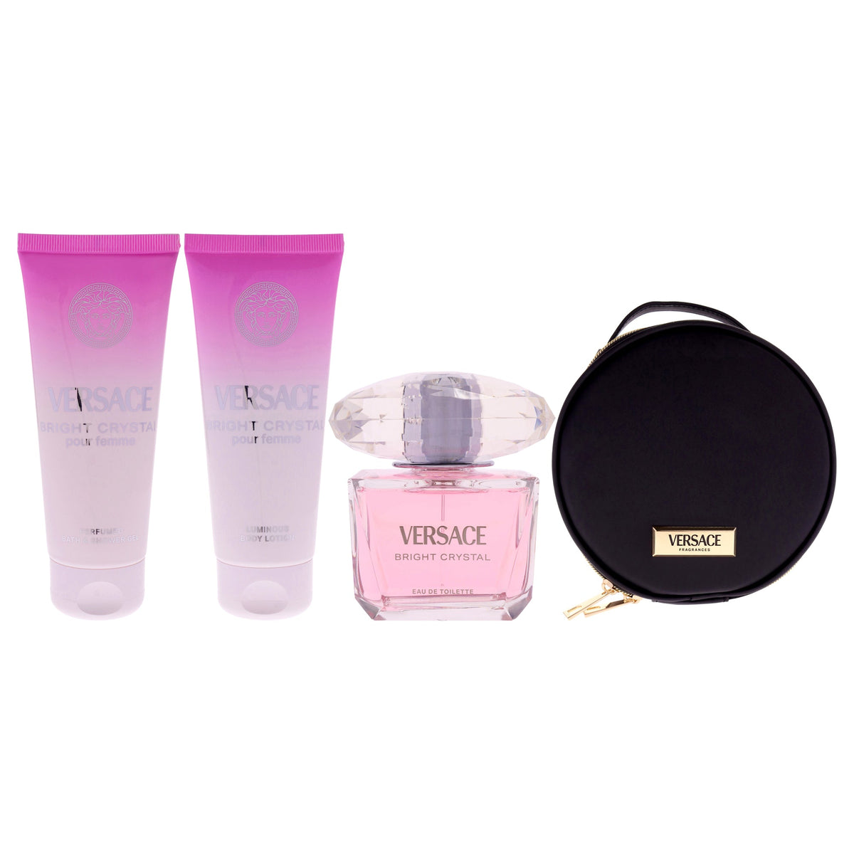 Versace Bright Crystal by Versace for Women - 4 Pc Gift Set 3oz EDT Spray, 3.4oz Body Lotion, 3.4oz Shower Gel, Round Make Up Case