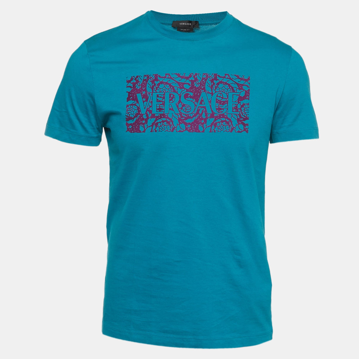 Versace Blue Flock Logo Cotton Jersey Taylor Fit T-Shirt