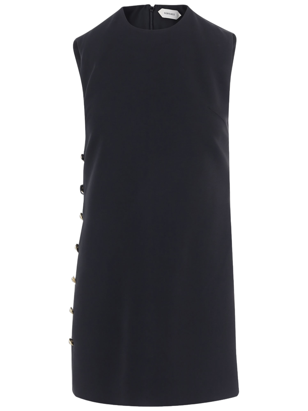Black Sleeveless Gold Button Stretch Viscose Mini Dress