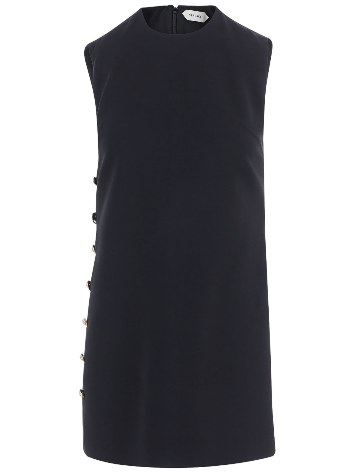 Black Sleeveless Gold Button Stretch Viscose Mini Dress