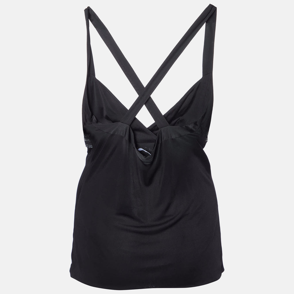 Versace Black Jersey Crystal Greca Embellished Tank Top