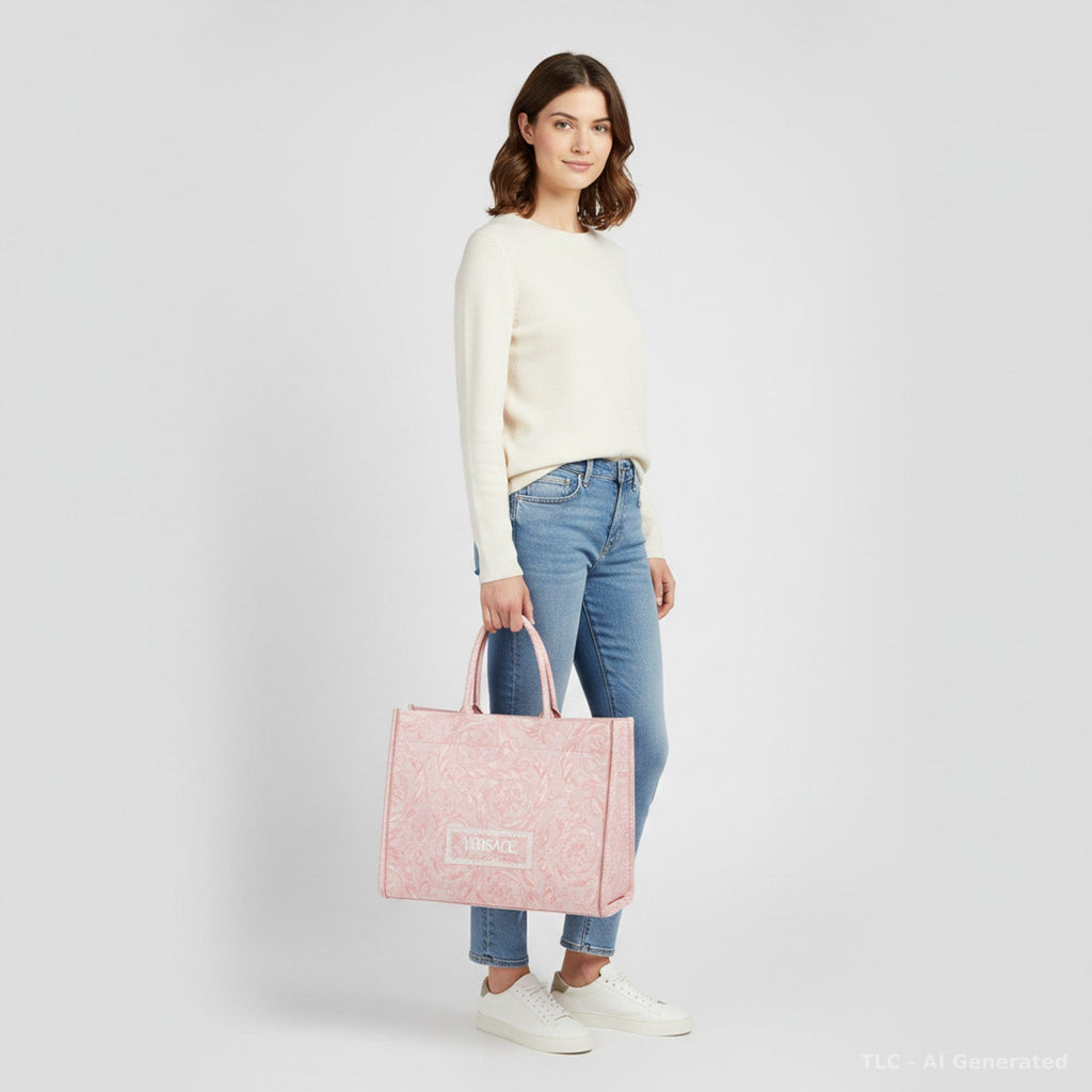 Versace Athena Baroccoo Pink/white Jacquard Canvas Tote