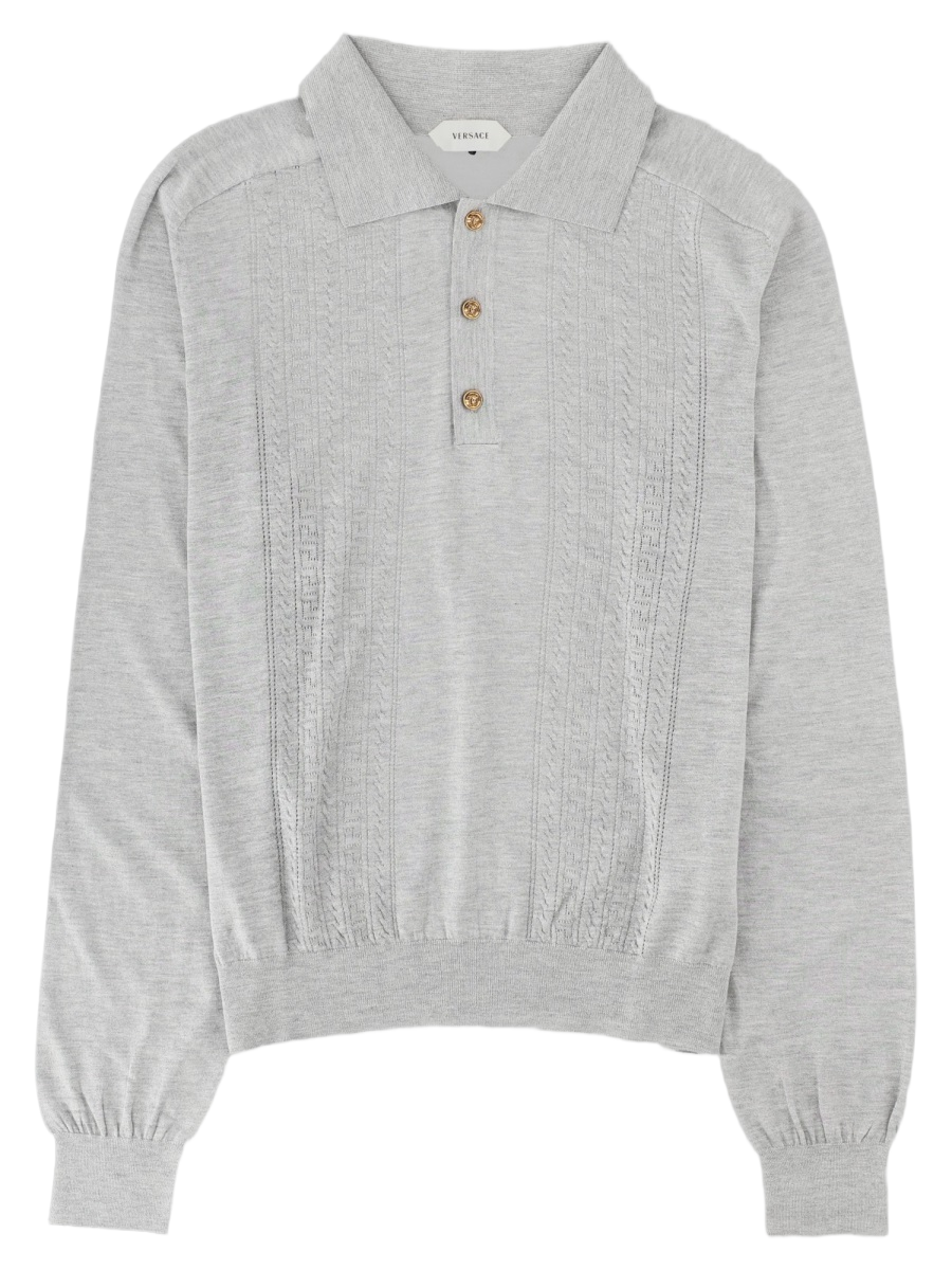 Grey Polo Collar Cotton-Silk Knit Sweater