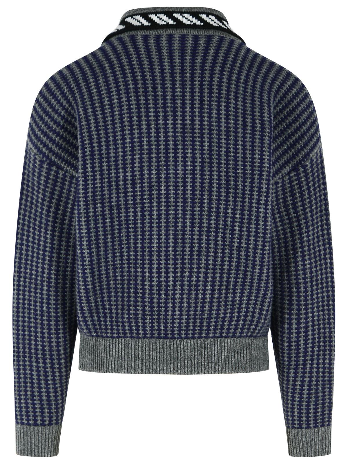 Blue Grey Shirt Collar Knit Zip-Through Knit