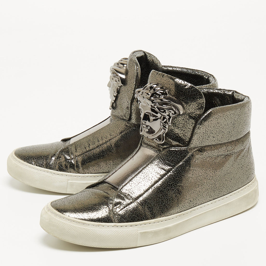 Versace Metallic Grey Leather Medusa High Top Sneakers