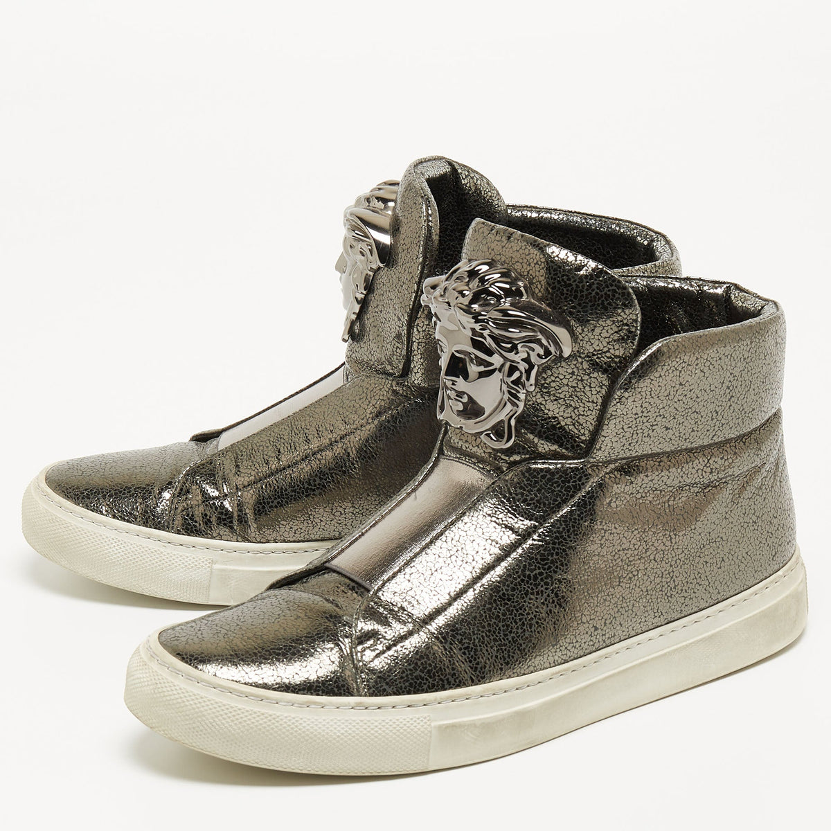 Versace Metallic Grey Leather Medusa High Top Sneakers
