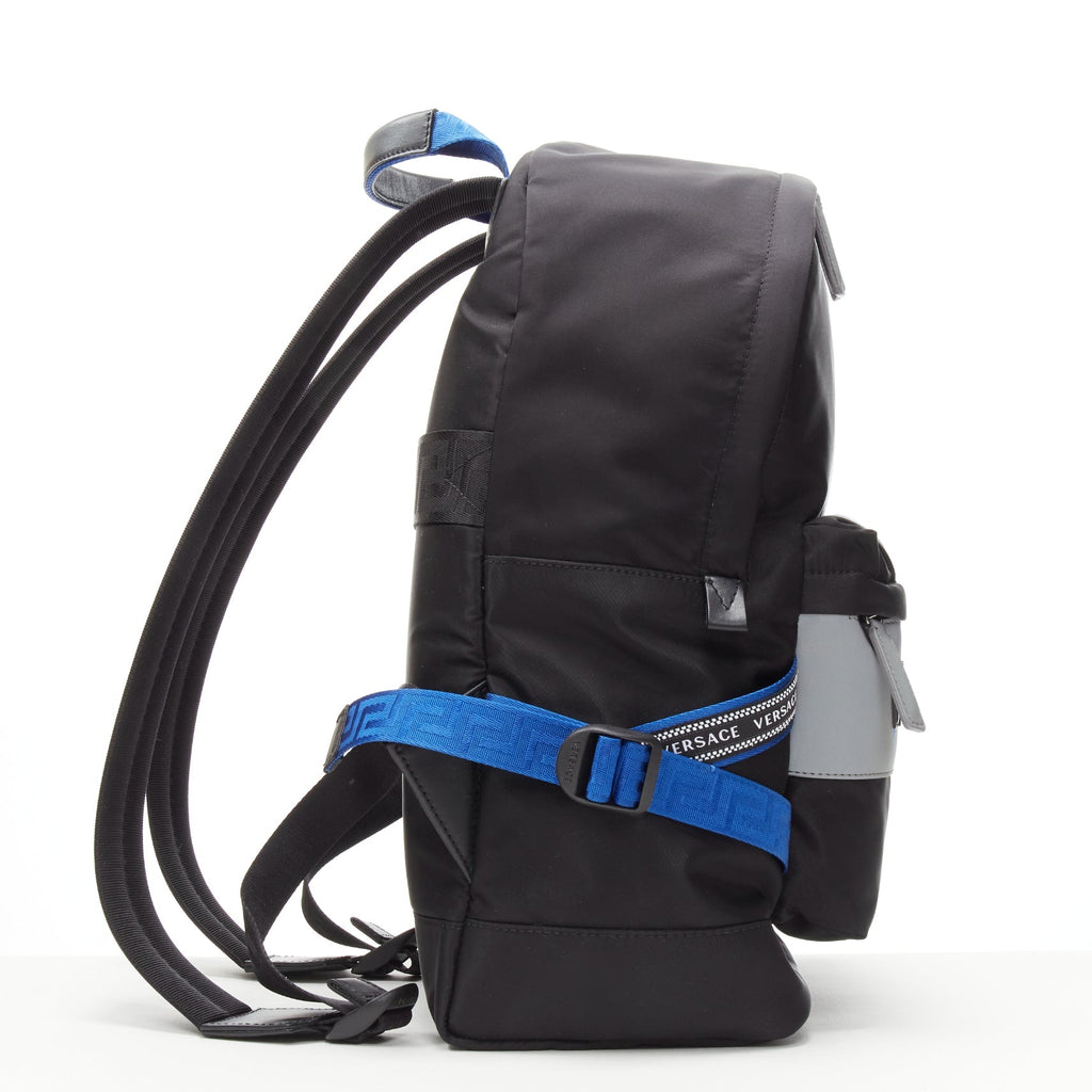 VERSACE Reflective Logo black nylon blue Greca nylon strap backpack