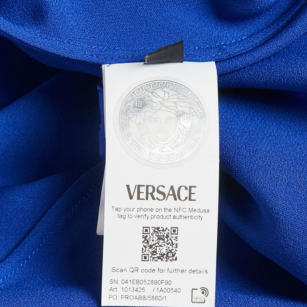 Versace Blue Barocco Lace Satin Silk Cowl Neck Slip Dress