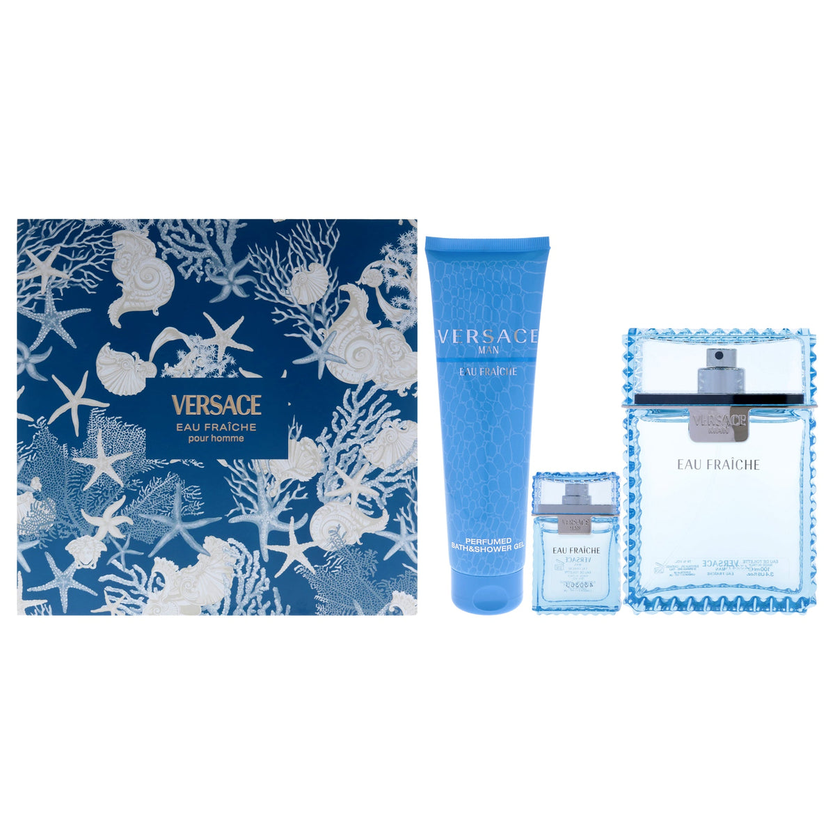 Versace Man Eau Fraiche by Versace for Men - 3 Pc Gift Set 3.4oz EDT Spray, 0.17oz EDT Spray (Mini), 5oz Bath and Shower Gel