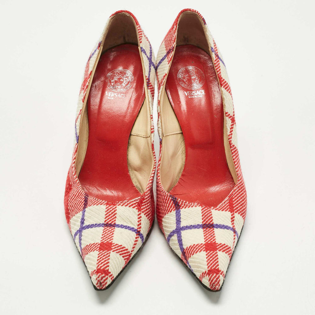 Versace White/red Plaid Check Fabric Pointed Toe Pumps