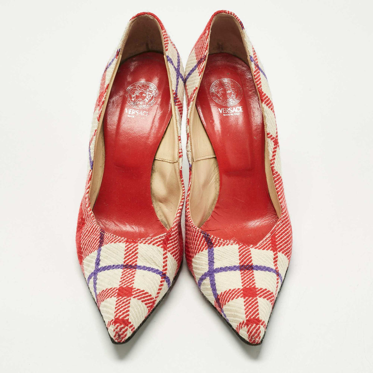 Versace White/red Plaid Check Fabric Pointed Toe Pumps
