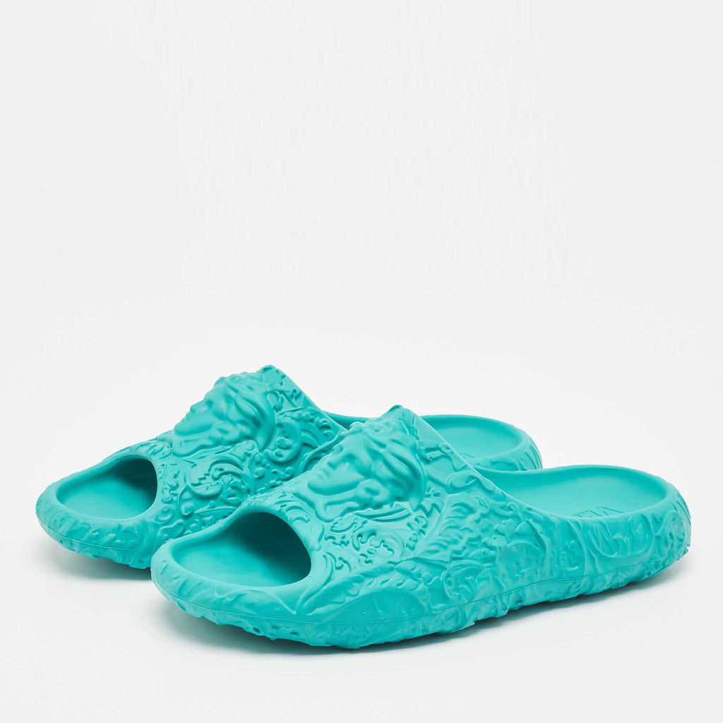 Versace Turquoise Blue Baroque Medusa Embossed Rubber Pool Slides
