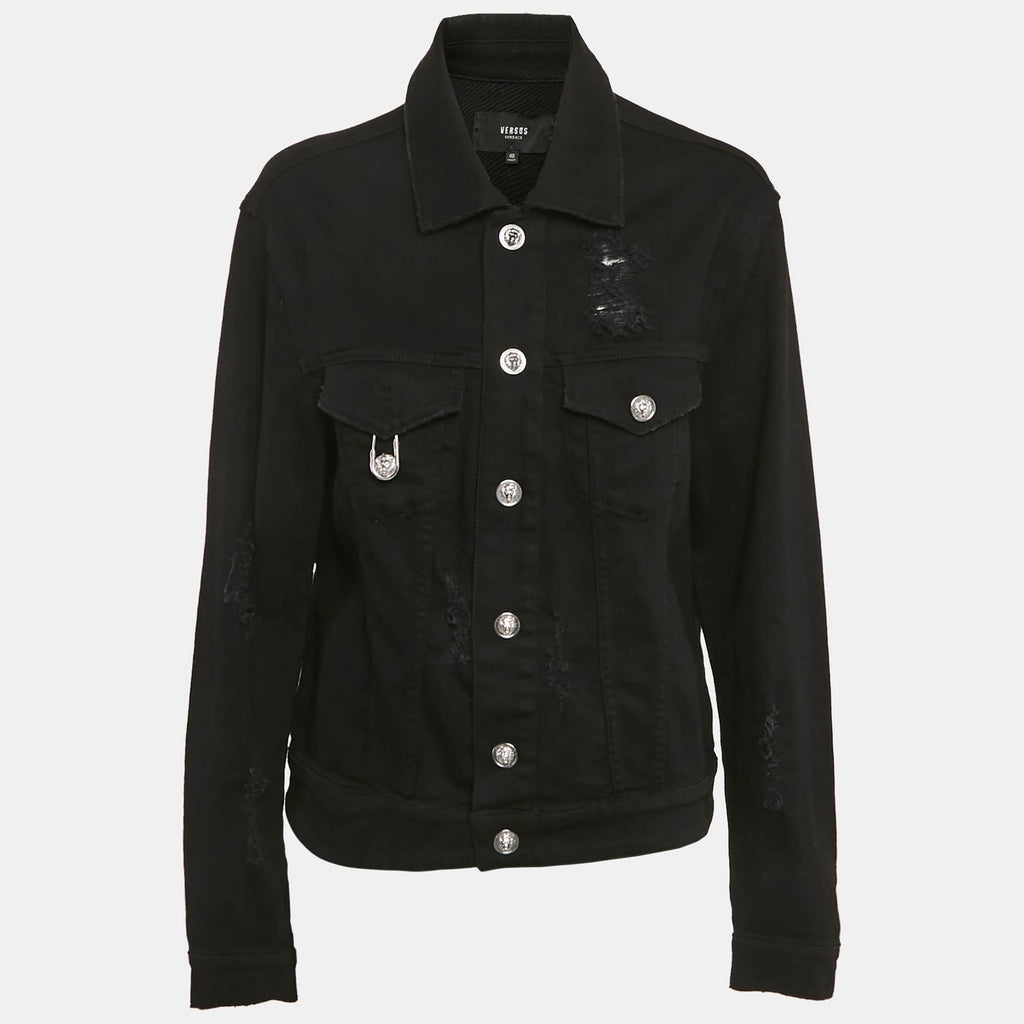 Versus Versace Black Distressed Denim Button Detail Jacket