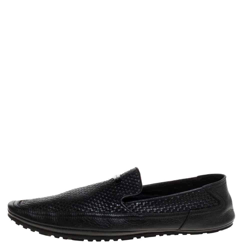 Versace Black Woven Leather Slip On Loafers