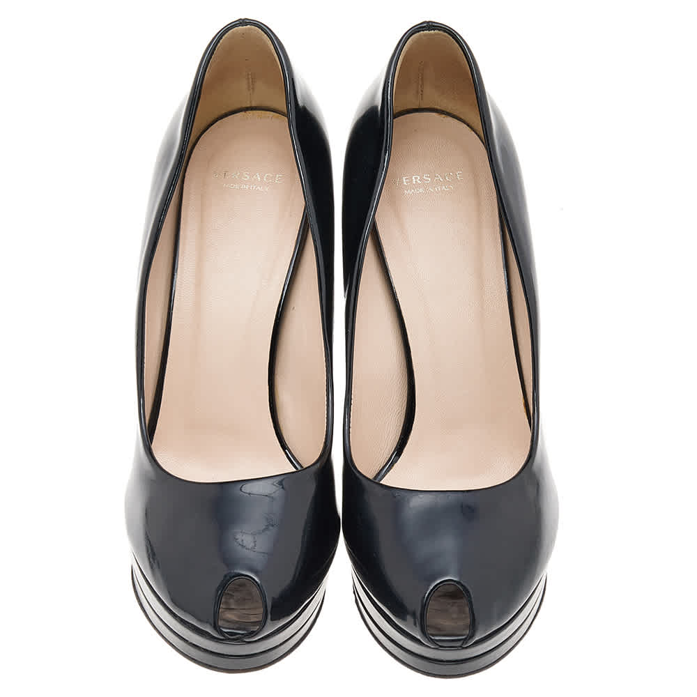 Versace Black Patent Leather Peep Toe Platform Pumps