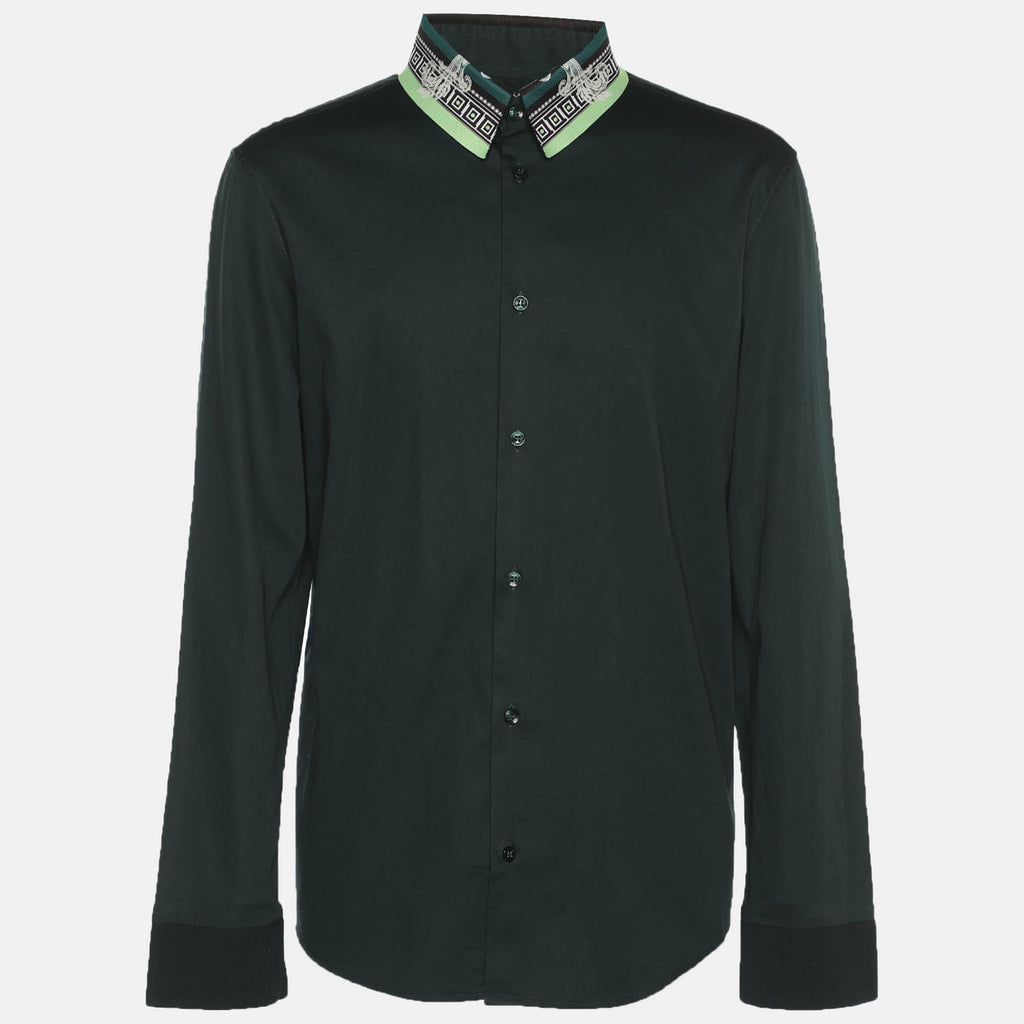 Versace Collection Green Stretch Cotton Printed Collar Shirt