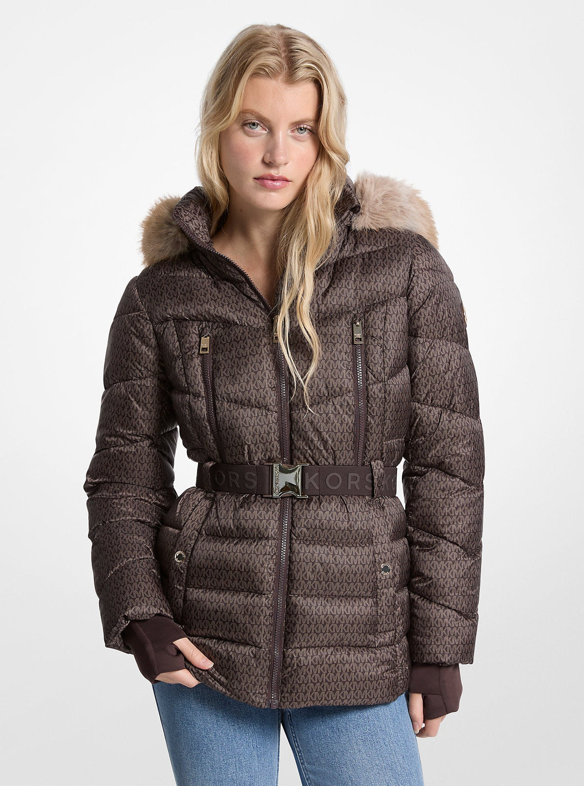 Faux Fur Trim Belted Puffer Jacket