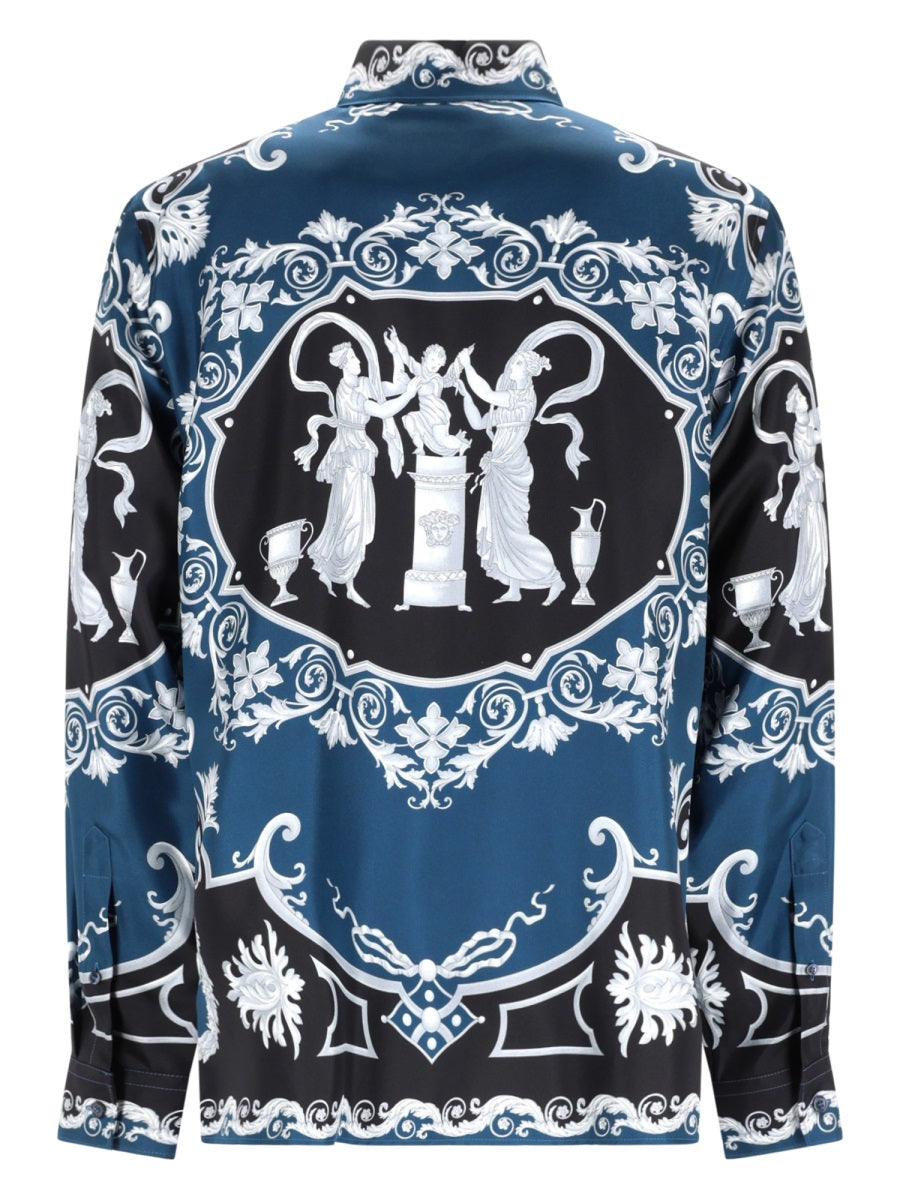 Deep Blue Baroque Motif Printed Silk Shirt