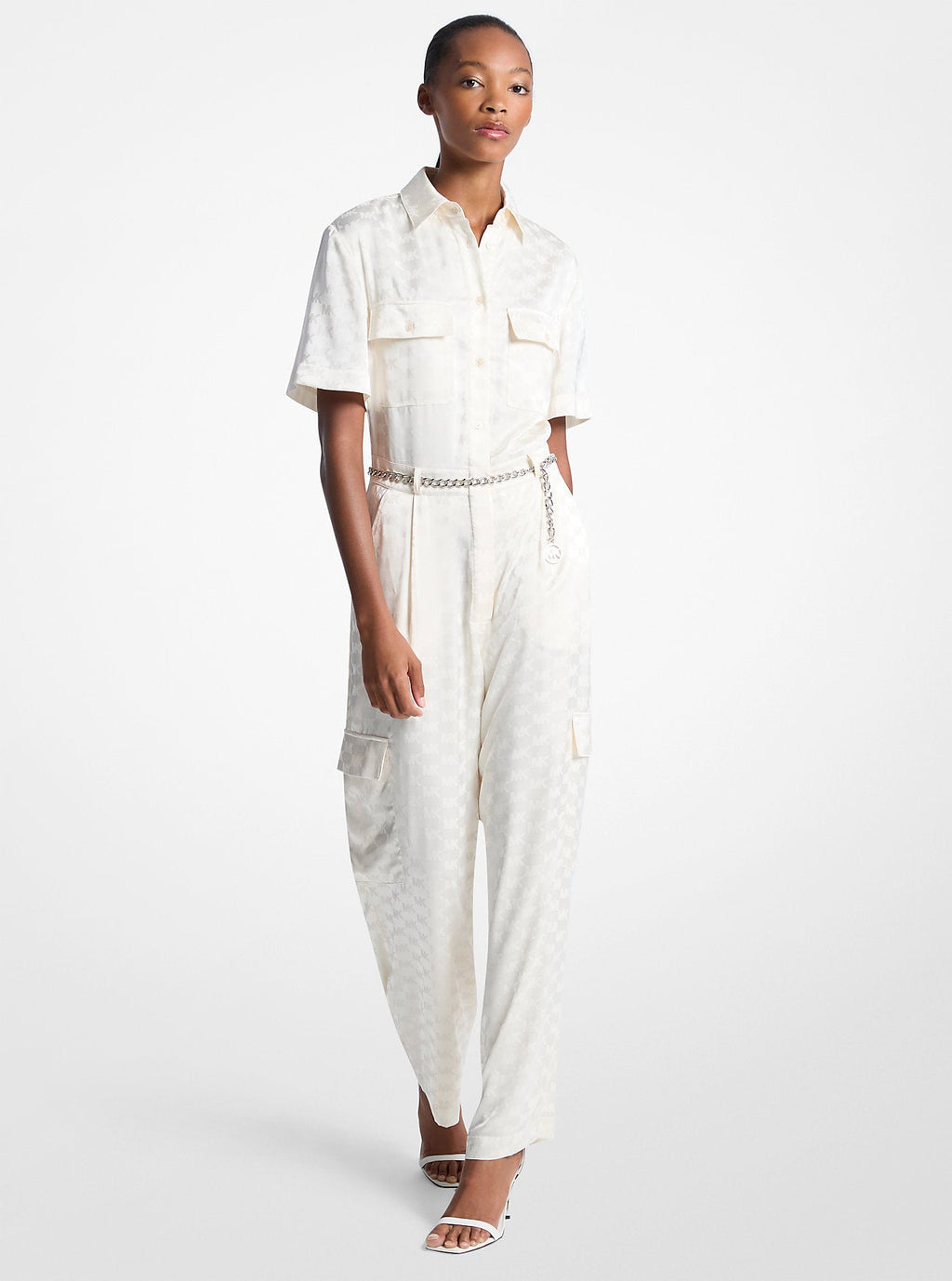Logo Jacquard Satin Belted Jumpsuit