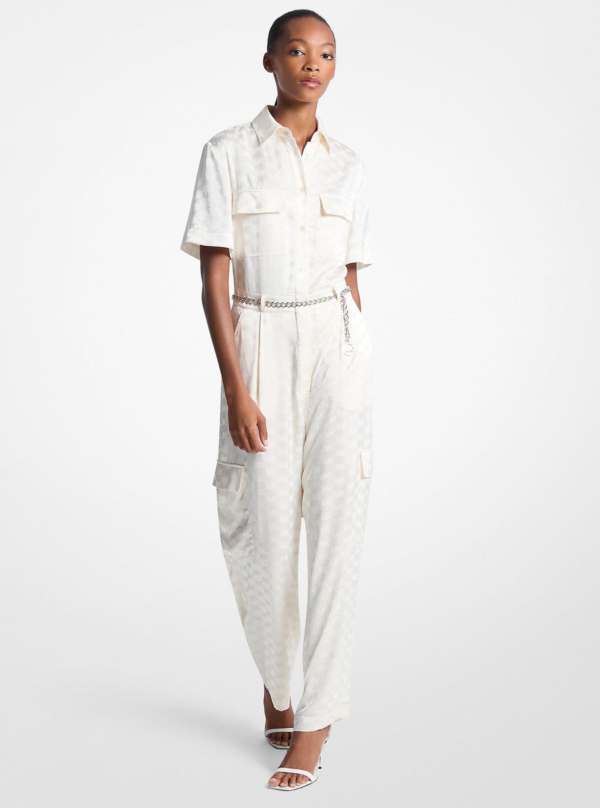 Logo Jacquard Satin Belted Jumpsuit