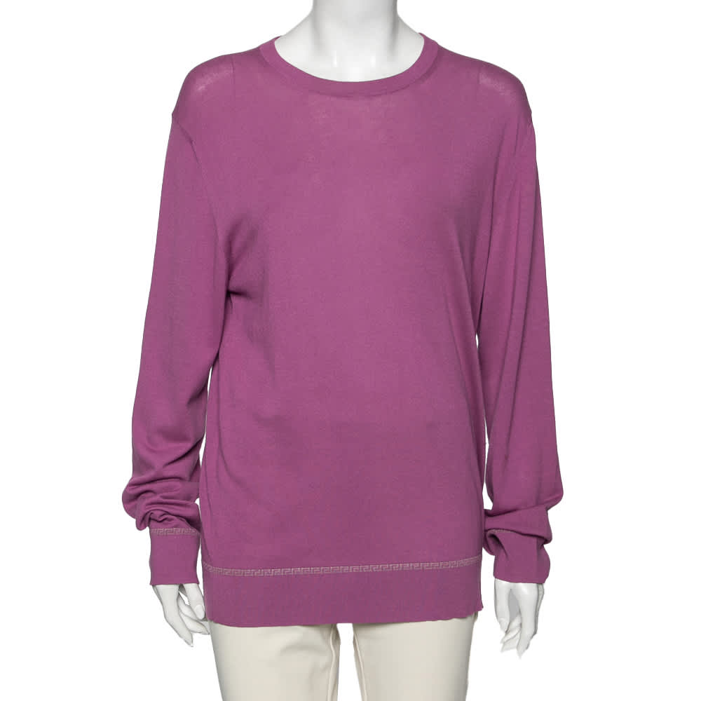 Versace Purple Knit Greca Detailed Long Sleeve Sweater