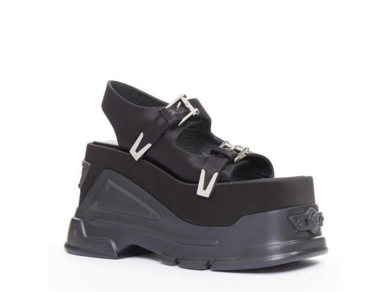Versace Black satin silk silver Medusa sandals