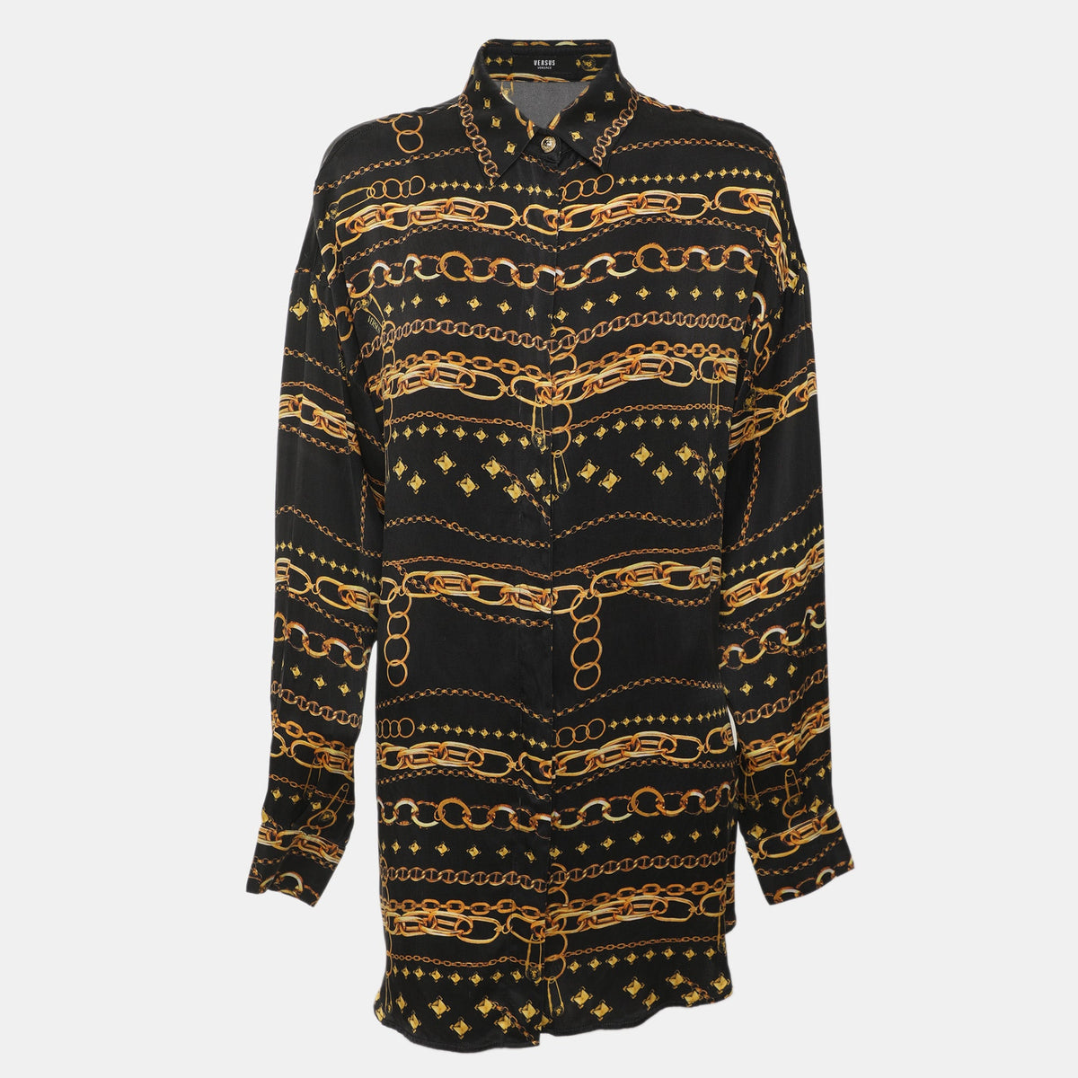 Versus Versace Black Chain Link Printed Silk Satin Long Sleeve Shirt