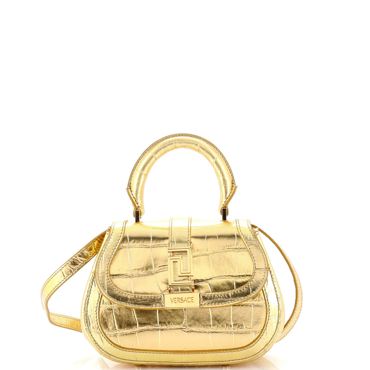 Greca Goddess Top Handle Bag Crocodile Embossed Leather Mini