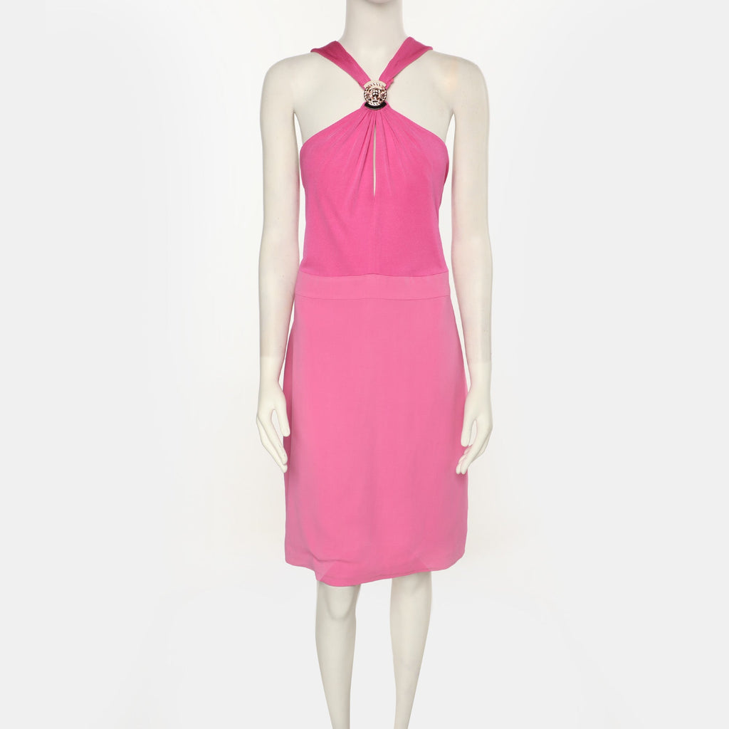 Versace Pink Stretch Crepe Halter Neck Midi Dress