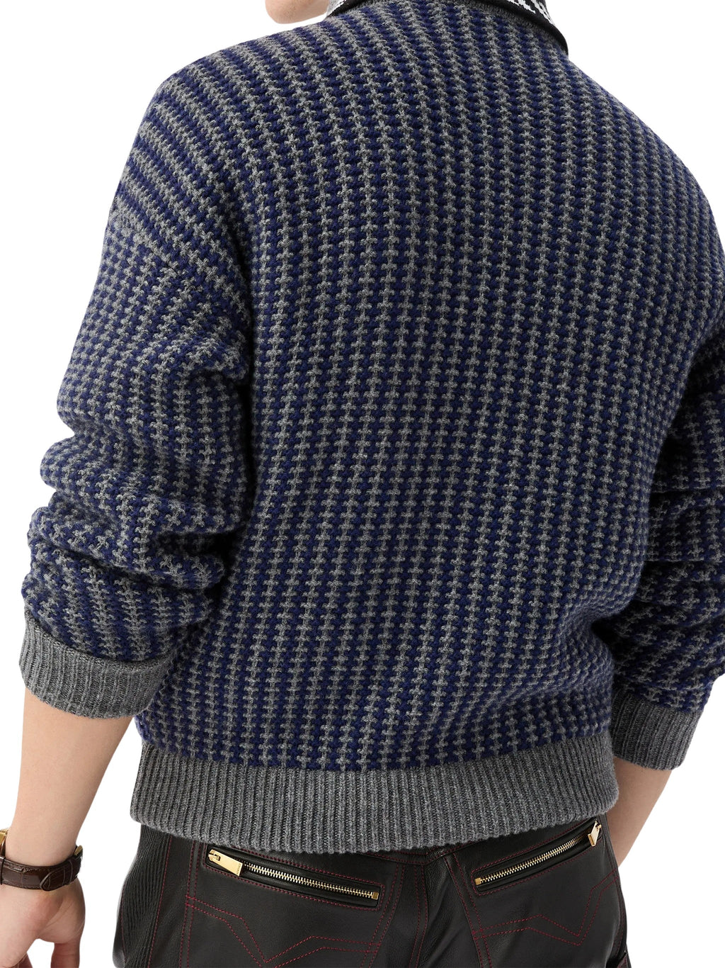 Waffle Knit Zip Cardigan with Geometric Intarsia Motif