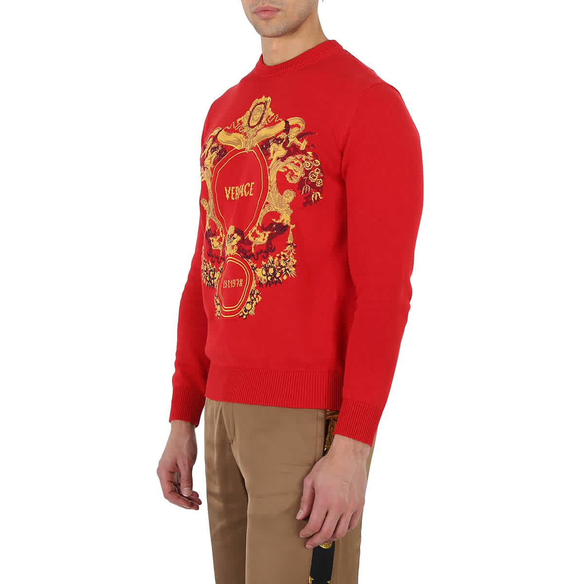 Versace Red Intarsia Knit Jacqurd Sweater, Brand Size 48 (US Size 38)