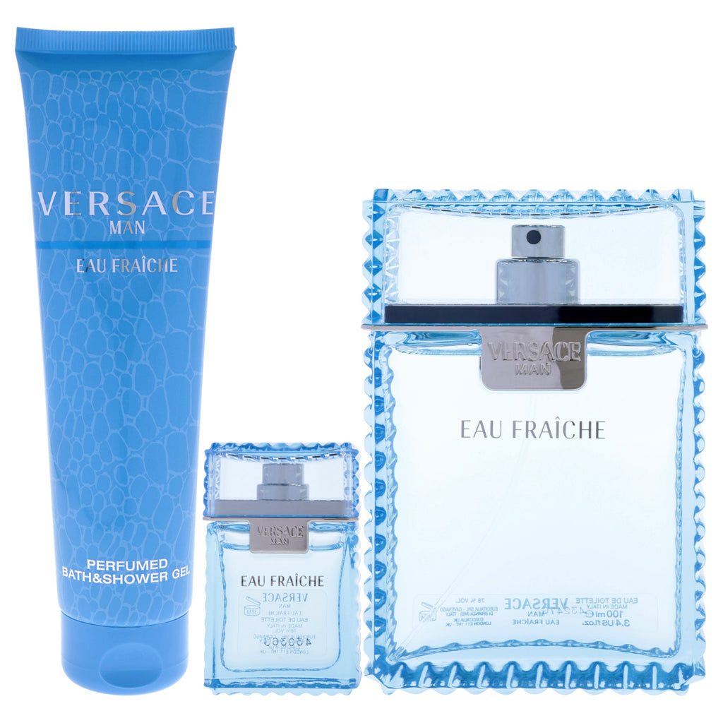 Versace Man Eau Fraiche by Versace for Men - 3 Pc Gift Set 3.4oz EDT Spray, 0.17oz EDT Spray (Mini), 5oz Bath and Shower Gel