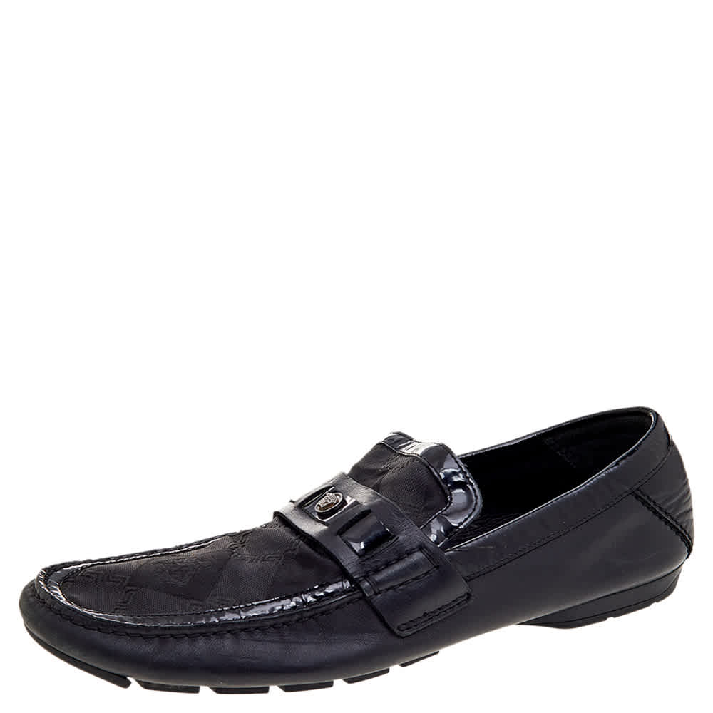 Versace Black Patent Leather And Signature Canvas Medusa Detail Slip On Loafers