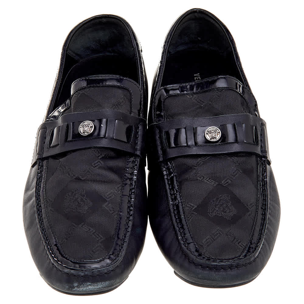 Versace Black Patent Leather And Signature Canvas Medusa Detail Slip On Loafers