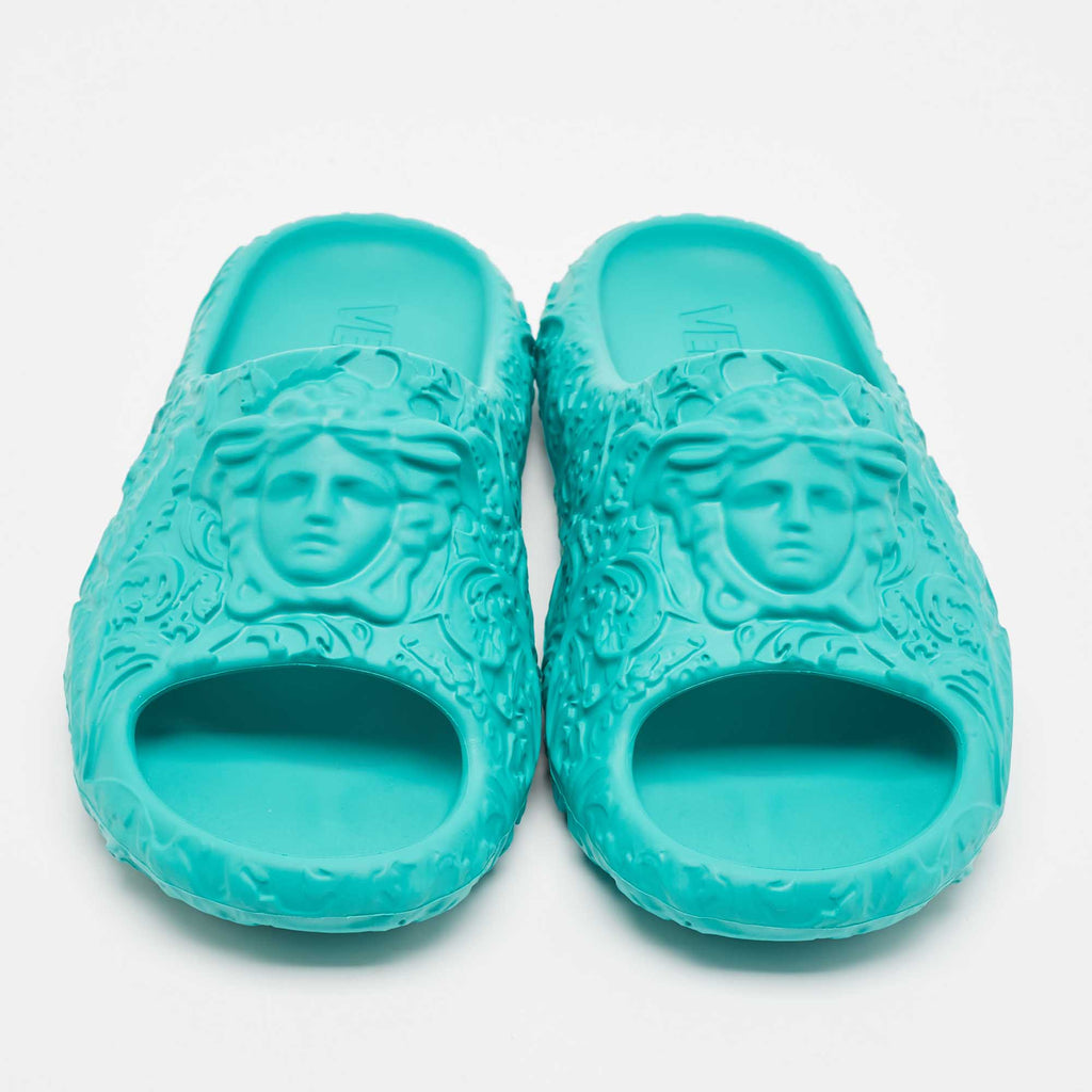 Versace Turquoise Blue Baroque Medusa Embossed Rubber Pool Slides
