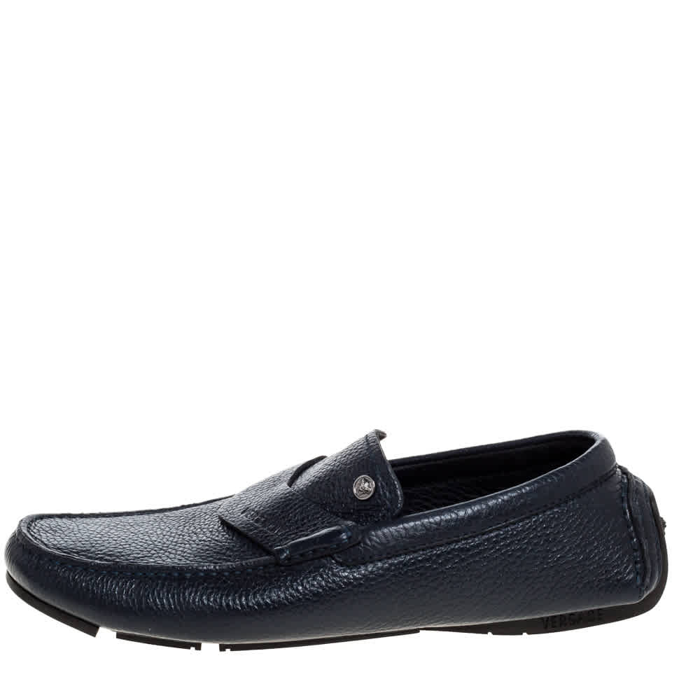 Versace Navy Blue Leather Slip On Loafers