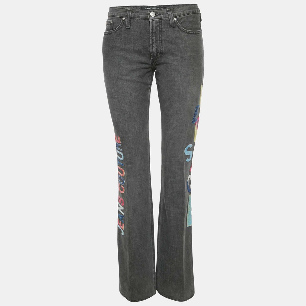 Versace Jeans Couture Grey Logo Embroidered Cotton Wide Leg Jeans M Waist