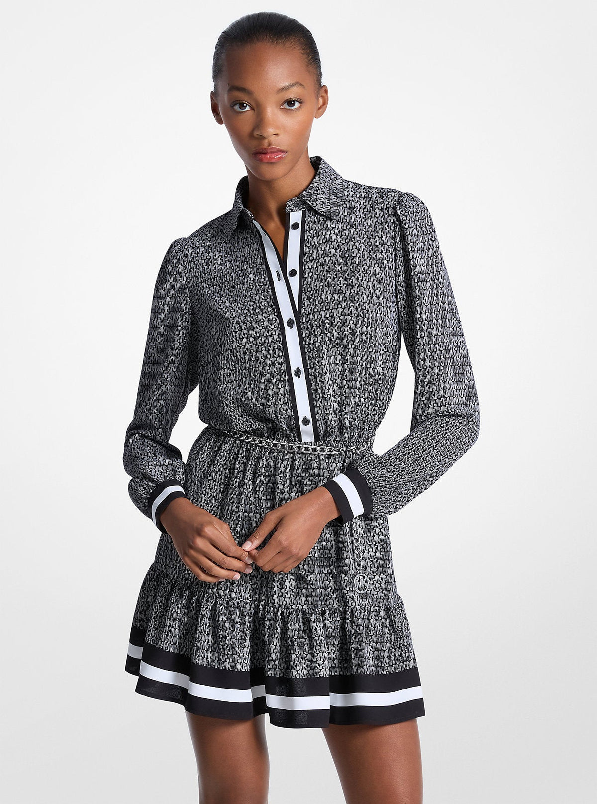 Logo Print Crepe Belted Mini Dress