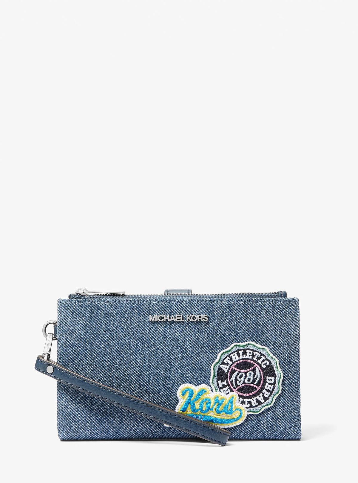 Jet Set Travel Embellished Denim Wristlet