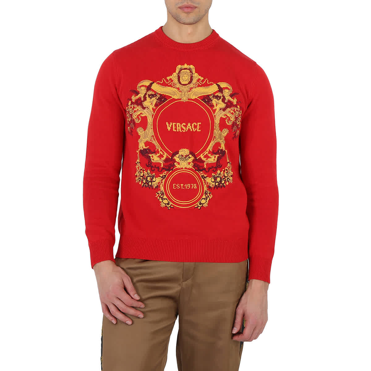 Versace Red Intarsia Knit Jacqurd Sweater, Brand Size 48 (US Size 38)