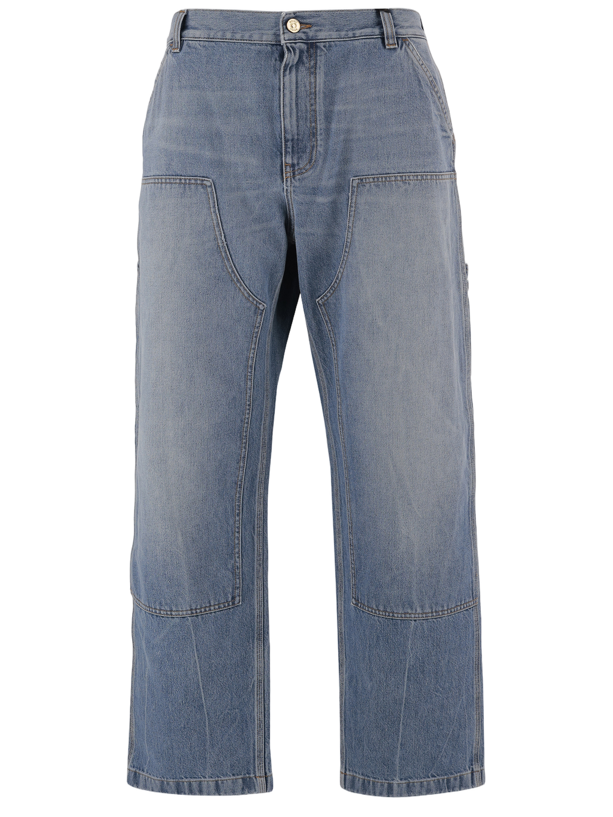 Washed Blue Denim Jeans with Multi-Pocket Design