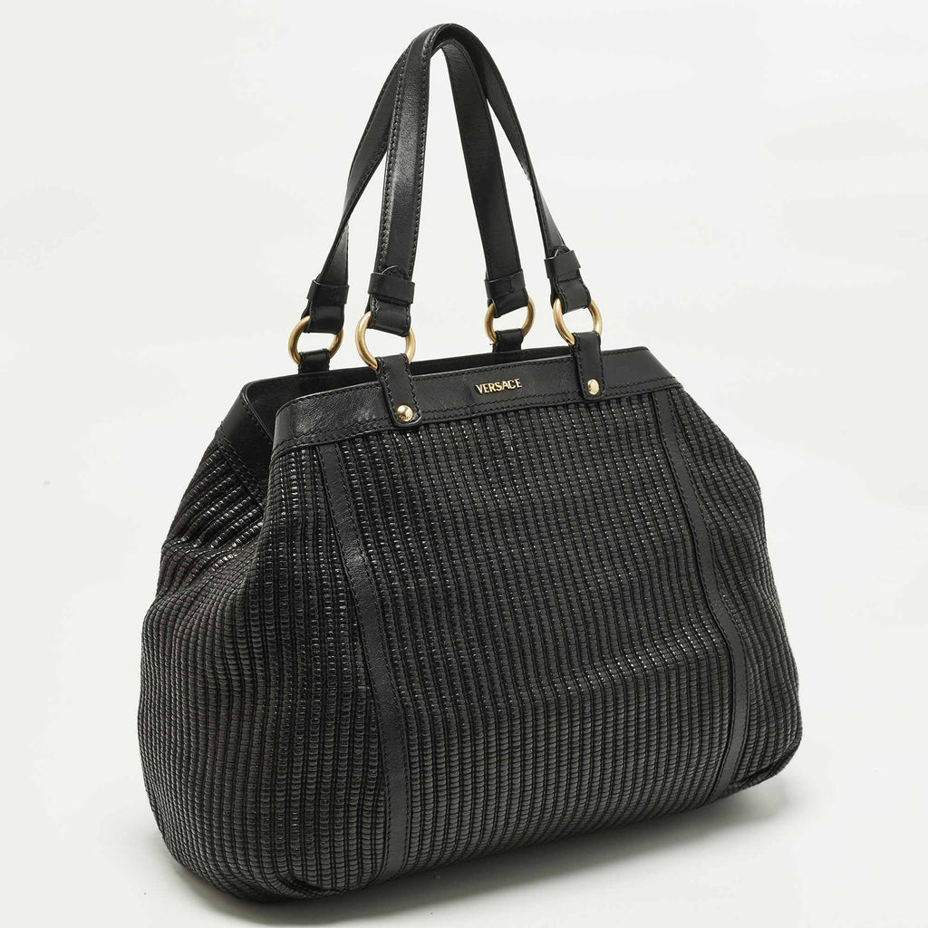 Versace Stripe Black Leather And Raffia Trim Tote