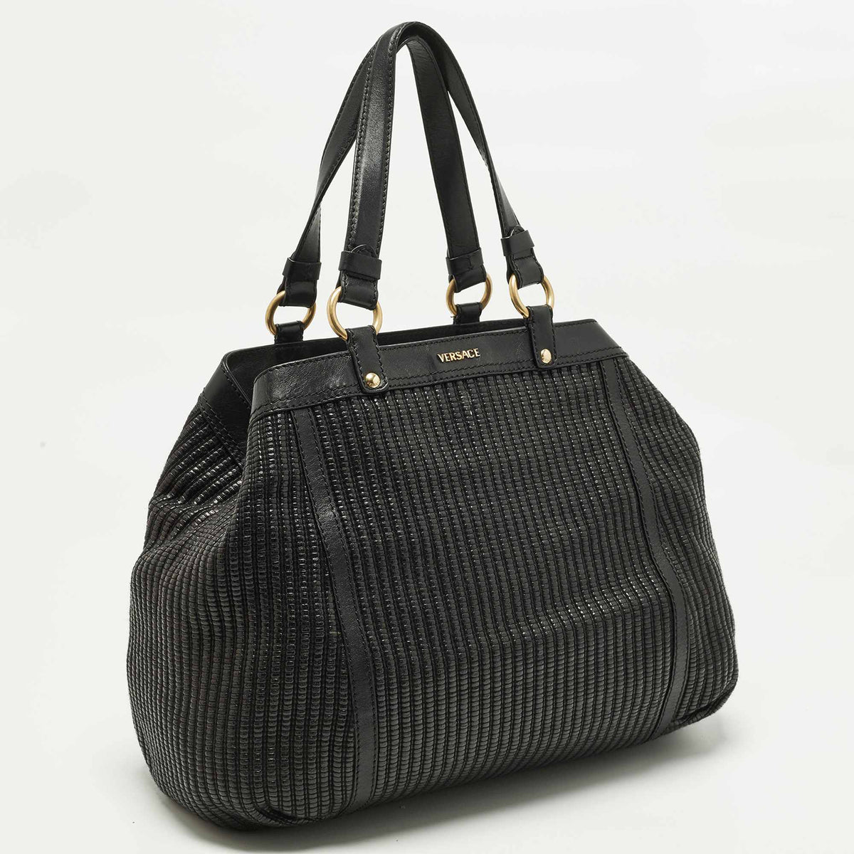 Versace Stripe Black Leather And Raffia Trim Tote