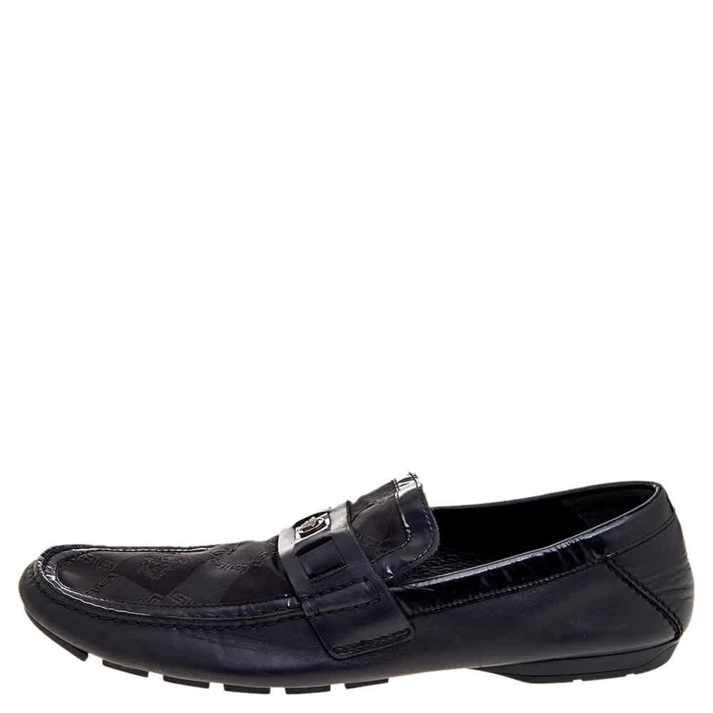 Versace Black Patent Leather And Signature Canvas Medusa Detail Slip On Loafers