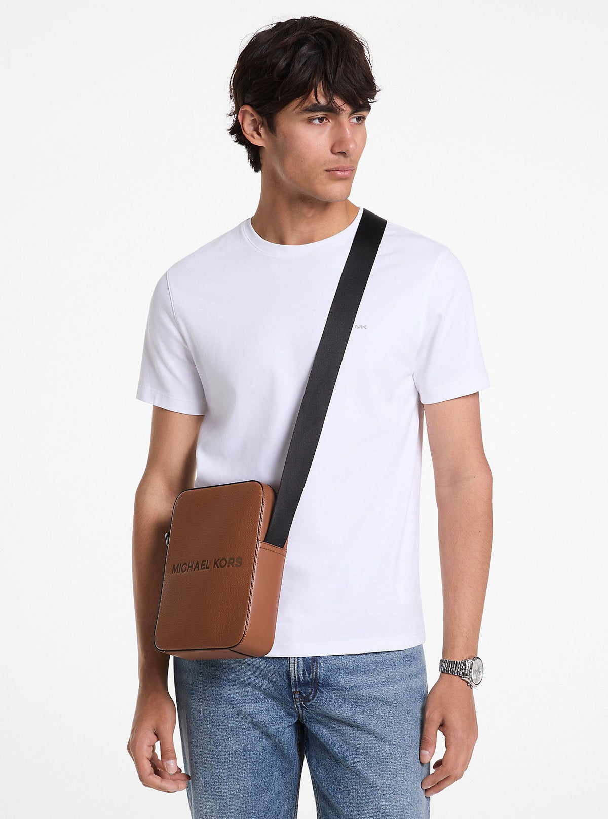 Cooper Logo Embossed Pebbled Leather Messenger Bag