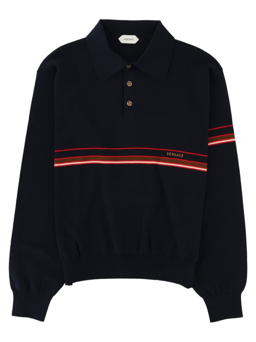 Blue Polo Collar Striped Cotton Sweater