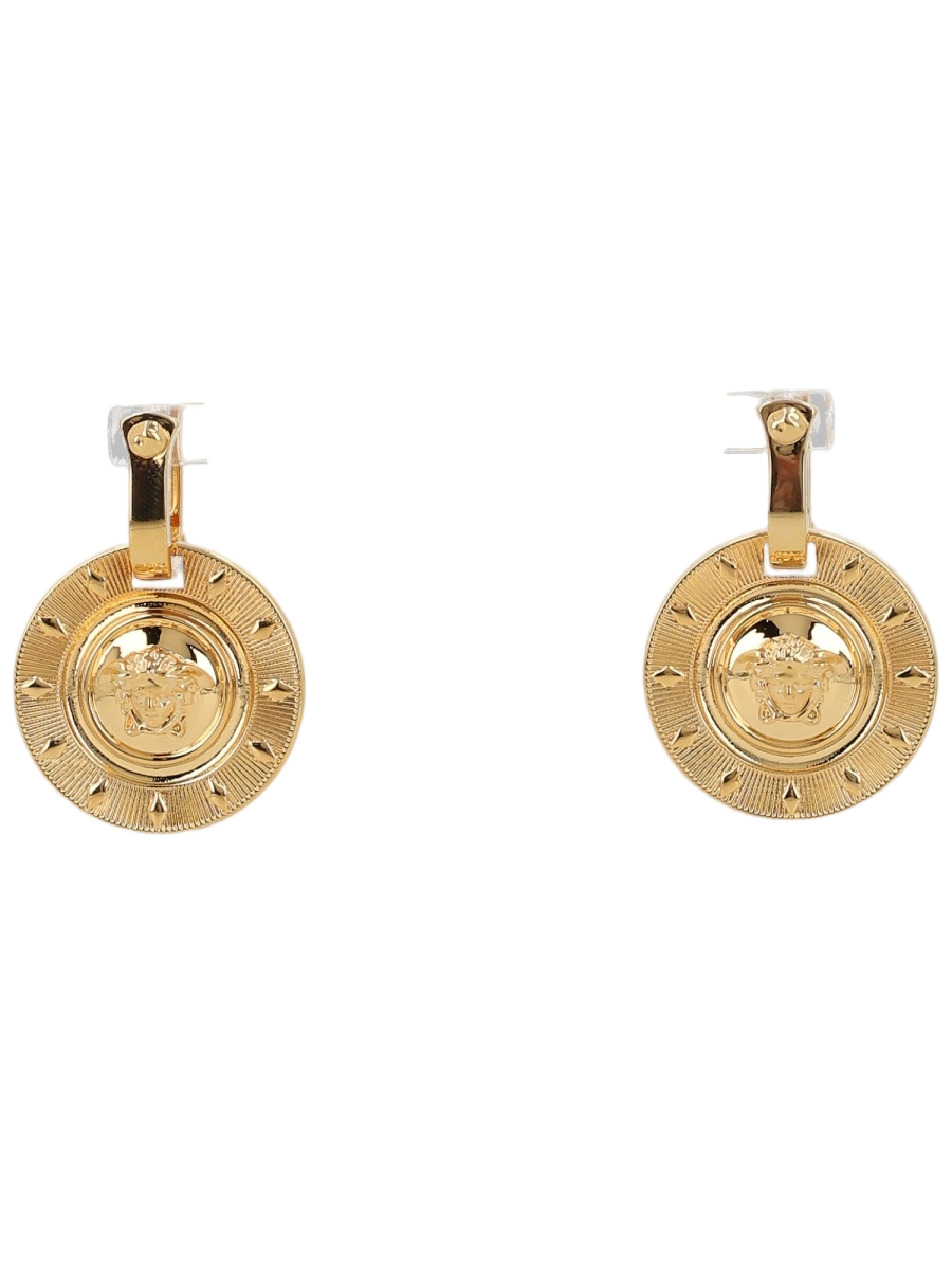 Gold Round Raised Emblem Brass Earrings