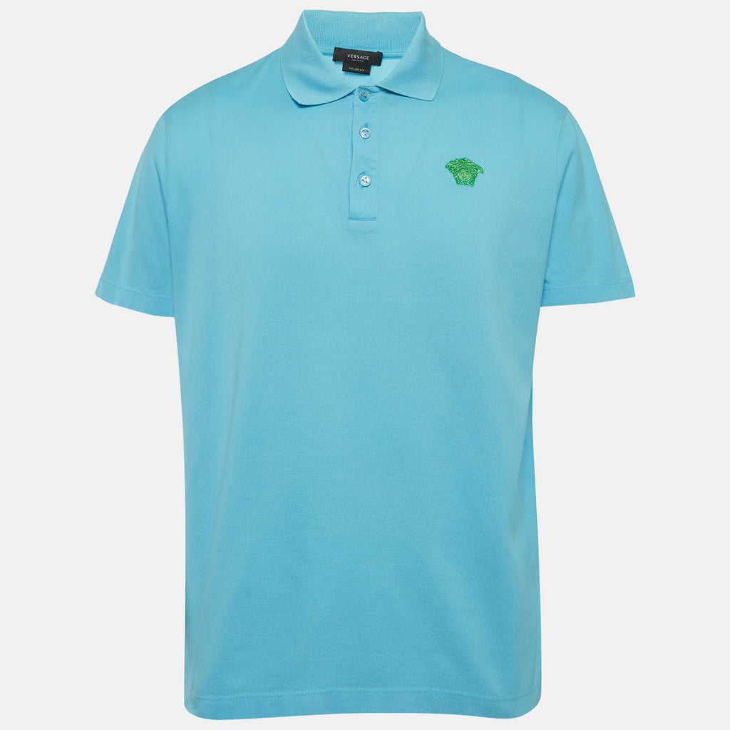 Versace Blue Medusa Embroidered Pique Polo T-Shirt